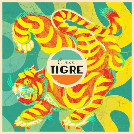Text: "C'mon TIGRE". Illustration: Ein farbenfroher Tiger, dynamisch und lebhaft dargestellt mit geschwungenen Linien.