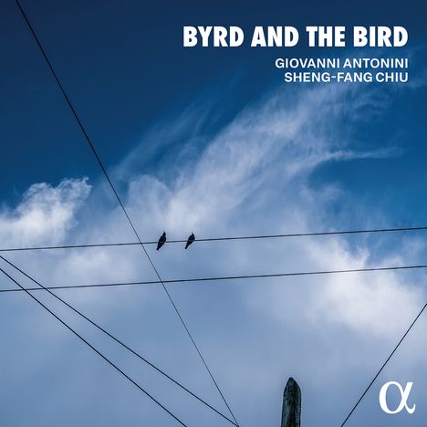 "BYRD AND THE BIRD" steht oben. Zwei Vögel sitzen auf einem Draht, der sich gegen blauem Himmel mit Wolken befindet.