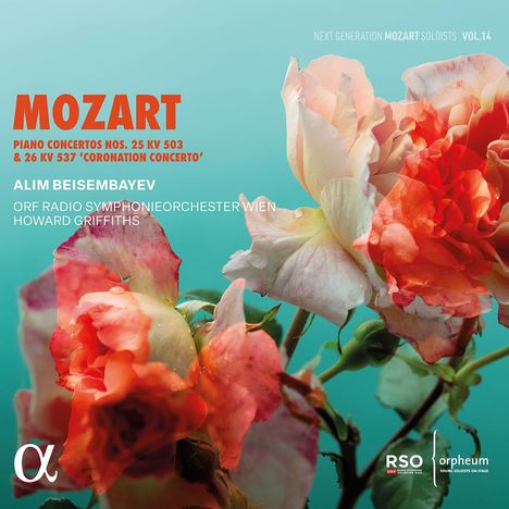 Mozart, Piano Concertos Nos. 25 KV 503 & 26 KV 537. Alim Beisembayev, ORF Radio Symphonieorchester Wien. Rosenblüten im Hintergrund.