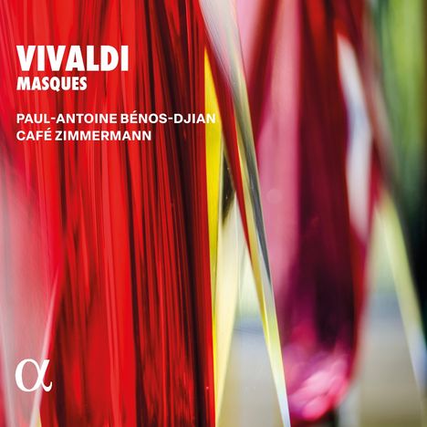 "VIVALDI MASQUES PAUL-ANTOINE BÉNOS-DJIAN CAFÉ ZIMMERMANN" in weißem Text, bunte unscharfe Glasstruktur im Hintergrund.