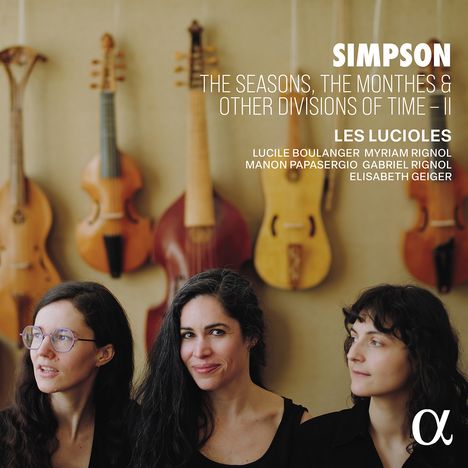 Texte oben: "Simpson, The Seasons, The Monthes & Other Divisions Of Time - II." Drei Frauen vor Musikinstrumenten.