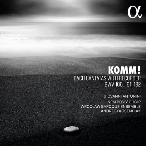 "KOMM! Bach Cantatas with Recorder BWV 106, 161, 182. Giovanni Antonini, NFM Boys’ Choir, Wrocław Baroque Ensemble."   
Ein Kiesel auf dunklem Sand unter bewölktem Himmel.