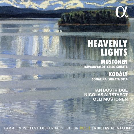 "Heavenly Lights: Mustonen Taivaanvalot Cello Sonata, Kodály Sonatina Sonata Op.4, Ian Bostridge, Nicolas Altstaedt, Olli Mustonen." Eine Landschaft in kühlen Tönen mit Wasser und Bäumen, darüber ein künstlerisches Logo mit einem griechischen Buchstaben.