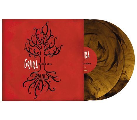"Gojira, the link alive" auf rotem Hintergrund mit stilisiertem schwarzem Baum. Zwei Schallplatten mit marmorierter Oberfläche.