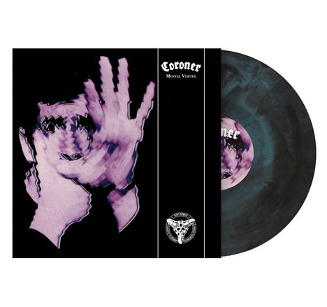 Text: "Coroner Mental Vortex." Verzerrtes Gesicht mit erhobener Hand in lila Tönen auf schwarzem Hintergrund. Vinyl-Schallplatte.