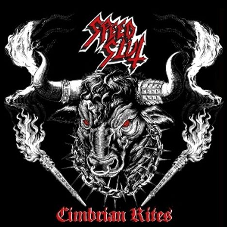 „Steel Seal“ und „Cimbrian Rites“; ein wütender Stier mit Ketten und brennenden Fackeln.