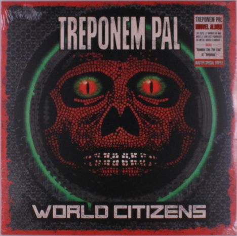 Treponem Pal, World Citizens. Ein roter, schlangenartiger Totenkopf mit leuchtenden Augen vor grünem Ring.