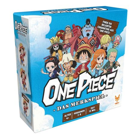 Text: "Finde die beliebten Charaktere aus One Piece!" "One Piece - Das Merkspiel." Alter 4+, Personen 2-8, Zeit 15 Min. Box mit Charakteren.