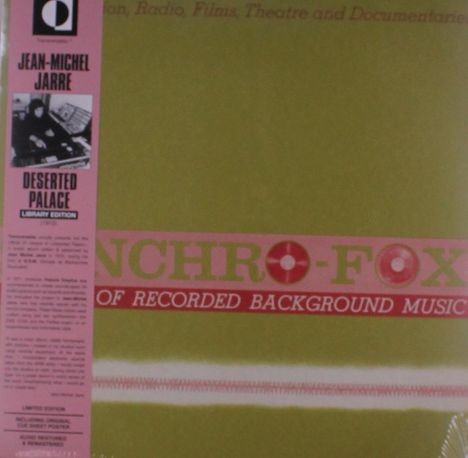Text: "JEAN-MICHEL JARRE DESERTED PALACE LIBRARY EDITION" auf rosa Streifen, "SYNCHRO-FOX" auf hellgrünem Hintergrund.