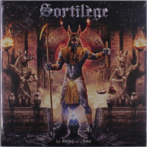 "Sortilège" oben, "Le Poids de l'Âme" unten. Illustration: Anubis mit Waage, Flammen, altägyptische Motive im Hintergrund.