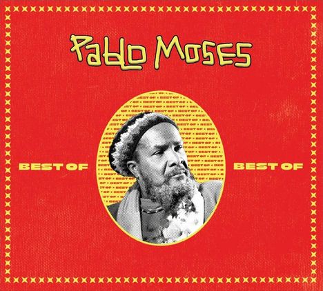 „Pablo Moses“, „Best Of“. Illustration: Ein Mann im Oval mit Texturen auf rotem Hintergrund.
