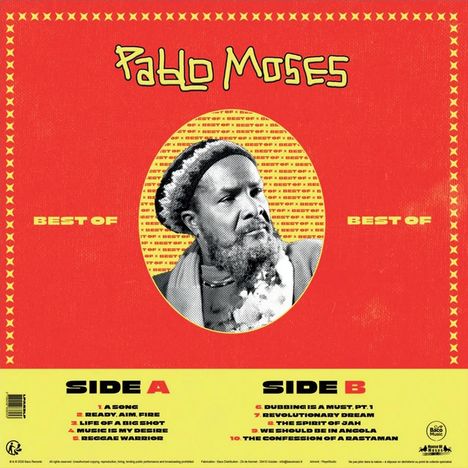 „Pablo Moses Best Of“ steht oben. Darunter ein Porträt eines Mannes mit Mütze. Tracklisten: „Side A“ und „Side B“.
