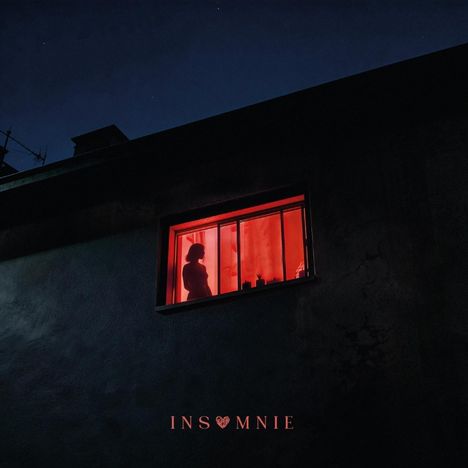 „INSOMNIE“ in roten Buchstaben. Silhouette einer Person in einem rot beleuchteten Fenster unter einem dunklen Nachthimmel.