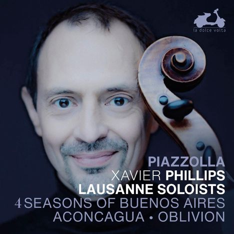 "Piazzolla, Xavier Phillips, Lausanne Soloists, 4 Seasons of Buenos Aires, Aconcagua, Oblivion."  
Ein Mann mit Cellokopf.