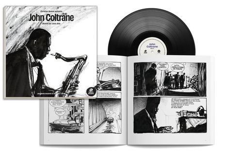 Cover mit "John Coltrane" und Illustration eines Saxophonisten, offene Comicseite mit Musikszene, Schallplatte.