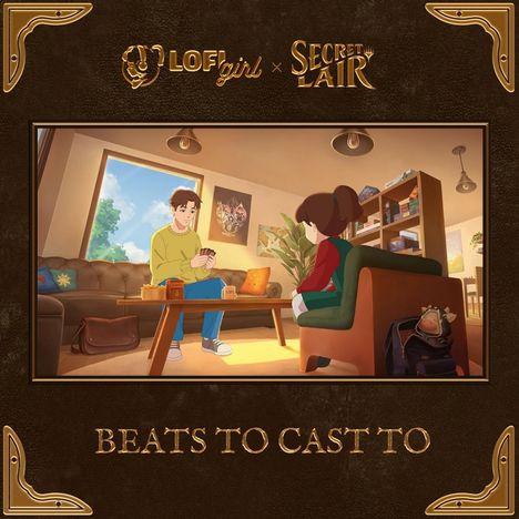 "LOFI girl x SECRET LAIR", "BEATS TO CAST TO". Eine Illustration von zwei Personen, die in einem gemütlichen Raum Karten spielen.