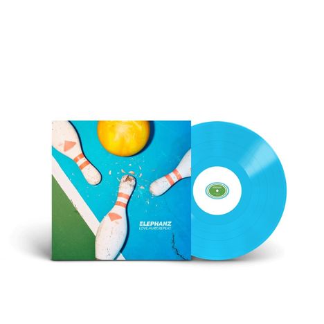 Text: ELEPHANZ, LOVE.HURT.REPEAT. Darstellung eines blauen Vinyls und Bowlingkegeln auf einer bunten Fläche.