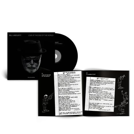 Texte: "Bill LaBounty", "Love at the End of the World", "DELUXE VERSION". Schallplatte und Notizseiten mit handgeschriebenen Songtexten, Zeichnungen von Figuren.
