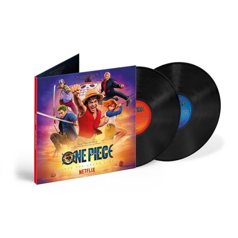 „ONE PIECE: INTO THE GRAND LINE“ steht auf einem bunten Albumcover mit den Hauptfiguren und zwei Schallplatten.
