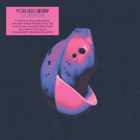 Text: "NOVA FELLOWSHIP CONTINUUM...Kieran Hebden...Steve Reid..."
Bunte, futuristische Illustration eines abstrakten Objekts.