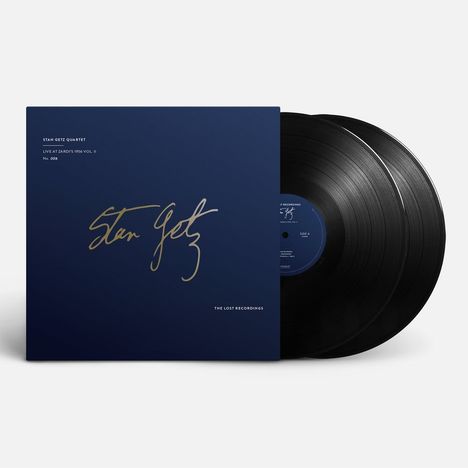 Blaues Albumcover mit der Aufschrift: "Stan Getz Quartet, Live at Zardi's 1956 Vol. II, No. 005, The Lost Recordings". Zwei schwarze Schallplatten.