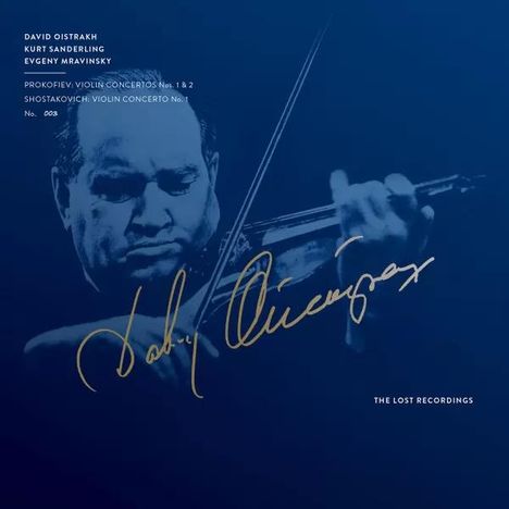 Texte: "David Oistrakh, Kurt Sanderling, Evgeny Mravinsky." Illustration eines Geigers mit goldener Unterschrift.