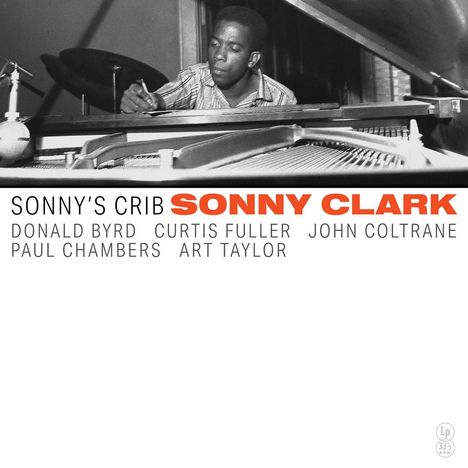 "SONNY'S CRIB SONNY CLARK" in großen Buchstaben. Namen: Donald Byrd, Curtis Fuller, John Coltrane, Paul Chambers, Art Taylor. Vintage-Albumcover.