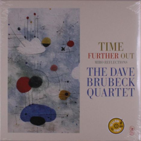 "TIME FURTHER OUT, MIRO REFLECTIONS, THE DAVE BRUBECK QUARTET" in bunten Buchstaben. Abstrakte Illustration mit Formen.