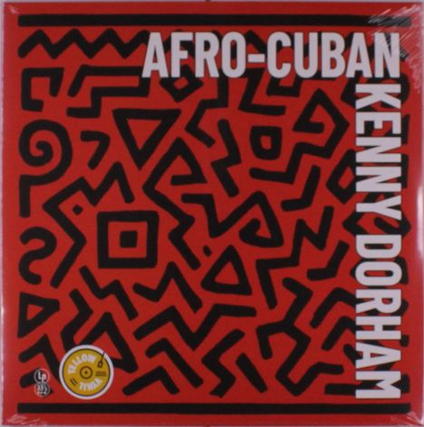 „AFRO-CUBAN“, „KENNY DORHAM“. Roter Hintergrund mit schwarzen, abstrakten Mustern und kleinem gelbem Logo.