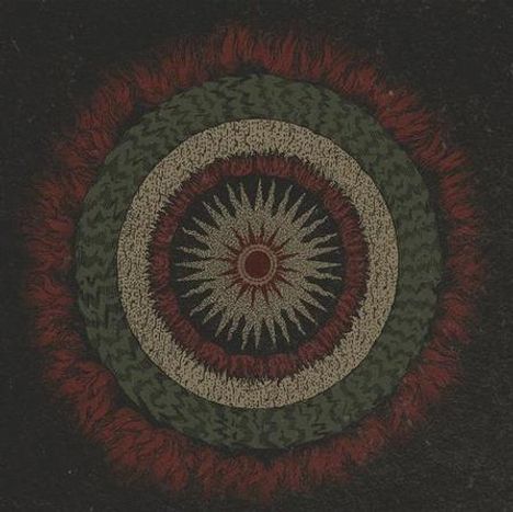 Es gibt keinen Text. Eine stilisierte Illustration einer mehrfarbigen Rosette mit einem zentralen, sonnenähnlichen Muster.