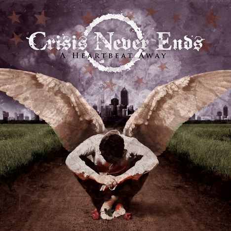 Text: "Crisis Never Ends: A Heartbeat Away". Illustration: Person mit Flügeln kniet auf einem Weg, im Hintergrund Wolkenkratzer.