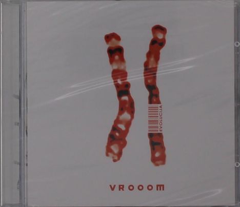 Text: "EVOLUCIJA" und "VROOOM". Zwei rot-schwarze abstrakte Formen auf hellem Hintergrund.