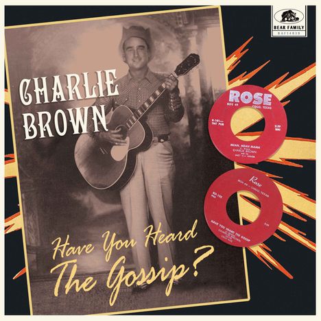 "Charlie Brown", "Have You Heard The Gossip?", Bild eines Mannes mit Gitarre, zwei Schallplatten mit brennendem Hintergrundmuster.