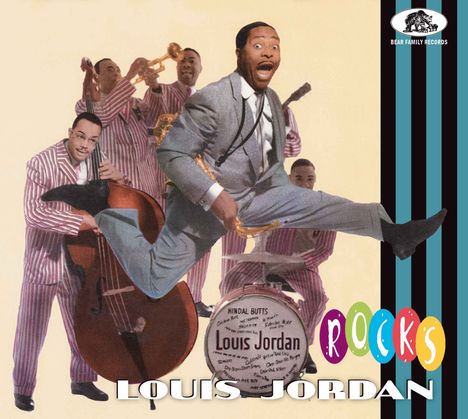 "Louis Jordan Rocks" steht in bunten Buchstaben. Ein Musiker springt in der Luft, umgeben von einer fröhlichen Band.