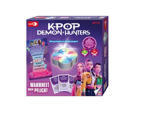 Box mit Texten wie „WAHRHEIT ODER PFLICHT“ und „K-POP DEMON HUNTERS“. Zeigt drei animierte Figuren vorne.