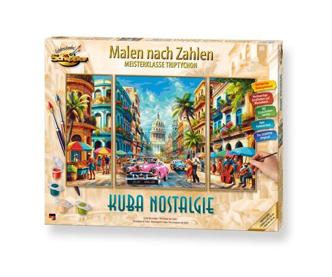 "Malen nach Zahlen", "Kuba Nostalgie". Drei tropische Straßenszenen, Oldtimer, Musiker, bunte Gebäude, Palmen, Malzubehör.