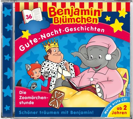 „Benjamin Blümchen Gute-Nacht-Geschichten“; König und Elefant in Schlafanzug lesen aus Buch; CD für Kinder ab 2 Jahren.