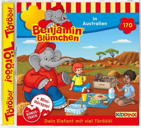 "Benjamin Blümchen in Australien". Illustration: Elefant mit Kindern beim Picknick in australischer Landschaft. Logo: KIDDINX.