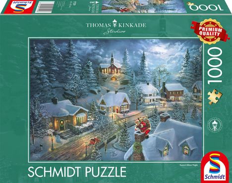 "Thomas Kinkade Studios", "1000", "SCHMIDT PUZZLE". Winterliche Landschaft mit Häusern und Santa auf dem Dach.