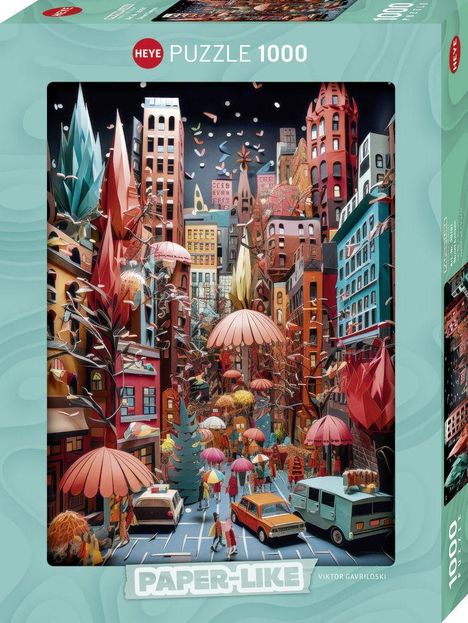Text: HEYE PUZZLE 1000, PAPER-LIKE, VIKTOR GAVRIILOSKI.  
Illustration: Bunte Stadt mit hohen Gebäuden, Bäumen und Menschen mit Regenschirmen.