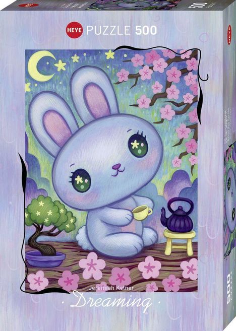 "HEYE PUZZLE 500", "Jeremiah Ketner", "Dreaming". Illustration eines Hasen unter Kirschblüten, hält eine Teetasse.