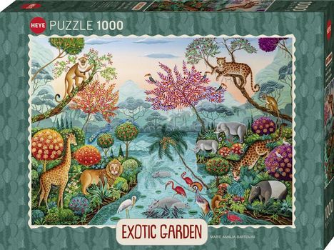 „EXOTIC GARDEN“ Puzzle. Illustration: Dschungel mit Tieren, bunten Bäumen und einem Fluss.