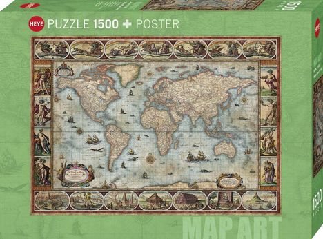 "Puzzleschrift: 1500 Teile + Poster. Historische Weltkarte mit dekorativen Illustrationen und mythologischen Figuren."