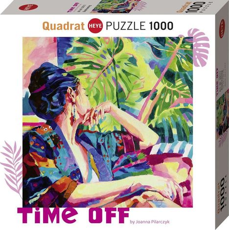 "PUZZLE 1000", "TIME OFF". Buntes, modernes Gemälde einer Frau in tropischer Kulisse, üppiges Blattwerk im Hintergrund.