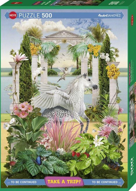"Take a trip!" steht unten. Illustration zeigt ein mythologisches Pferd mit Flügeln vor antiken Säulen, umgeben von Pflanzen.