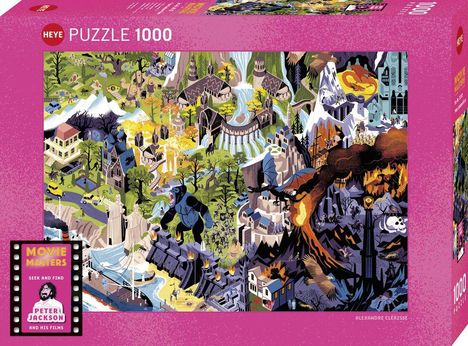 "PUZZLE 1000", "MOVIE MASTERS", "SEEK AND FIND", "PETER JACKSON AND HIS FILMS". Illustration mit Filmszenerien.