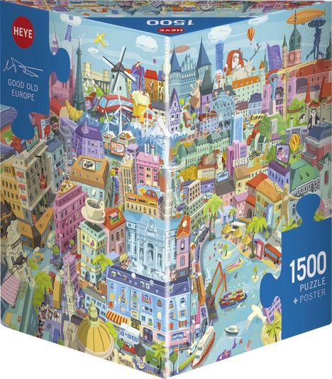 1500 Puzzle + Poster. Good Old Europe. Illustration von einer bunten Stadt mit bekannten europäischen Wahrzeichen.
