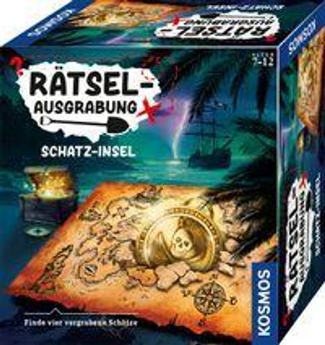 "Rätsel-Ausgrabung: Schatz-Insel" und "Finde vier verborgene Schätze". Eine Schatzkarte mit Schiff im Hintergrund.