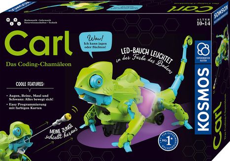 „Carl, Das Coding-Chamäleon.“ Sprechblase: „Wow! Ich kann jagen oder flüchten!“ Roboter-Chamäleon in Grün und Blau.