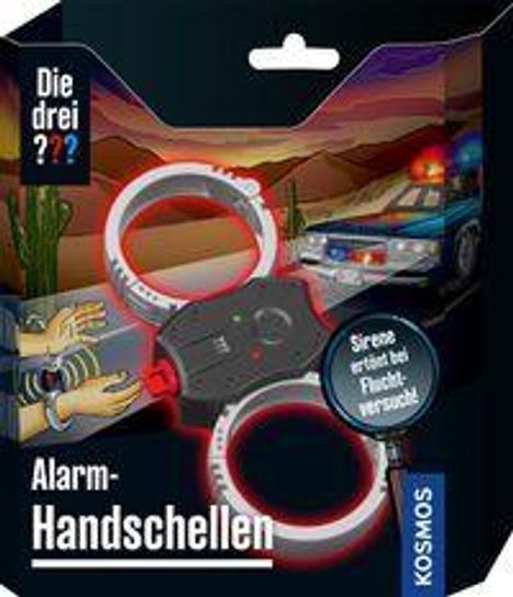 "Die drei ???", "Alarm-Handschellen", "Sirene ertönt bei Fluchtversuch". Polizei-Verfolgungsjagd, Kaktus, Logo unten rechts.